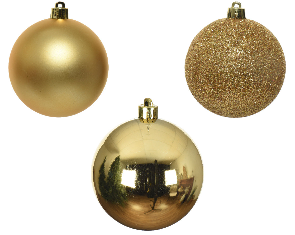 Set 10 palline natale 6cm infrangibili oro lucide, opache e glitter Kaemingk