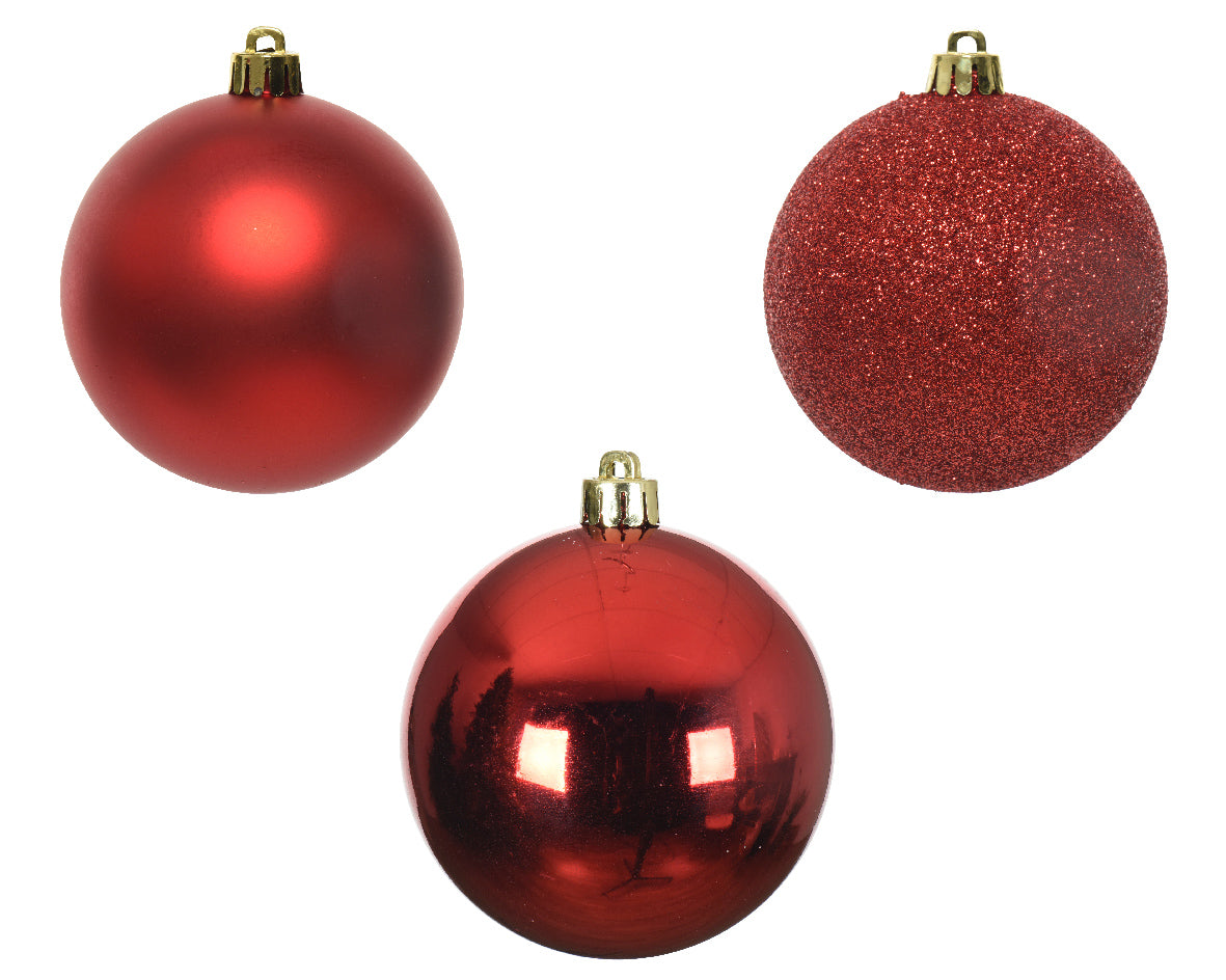 Set 10 palline natale 6cm infrangibili rosse lucide, opache e glitter Kaemingk