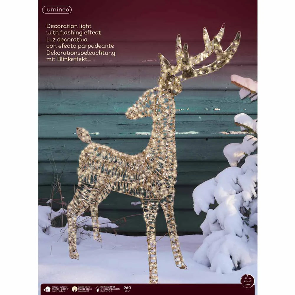 Renna Luminosa Natalizia con Micro LED 130cm H 18x65cm Colore Oro e Luce Bianco Caldo Warm White | Kaemingk