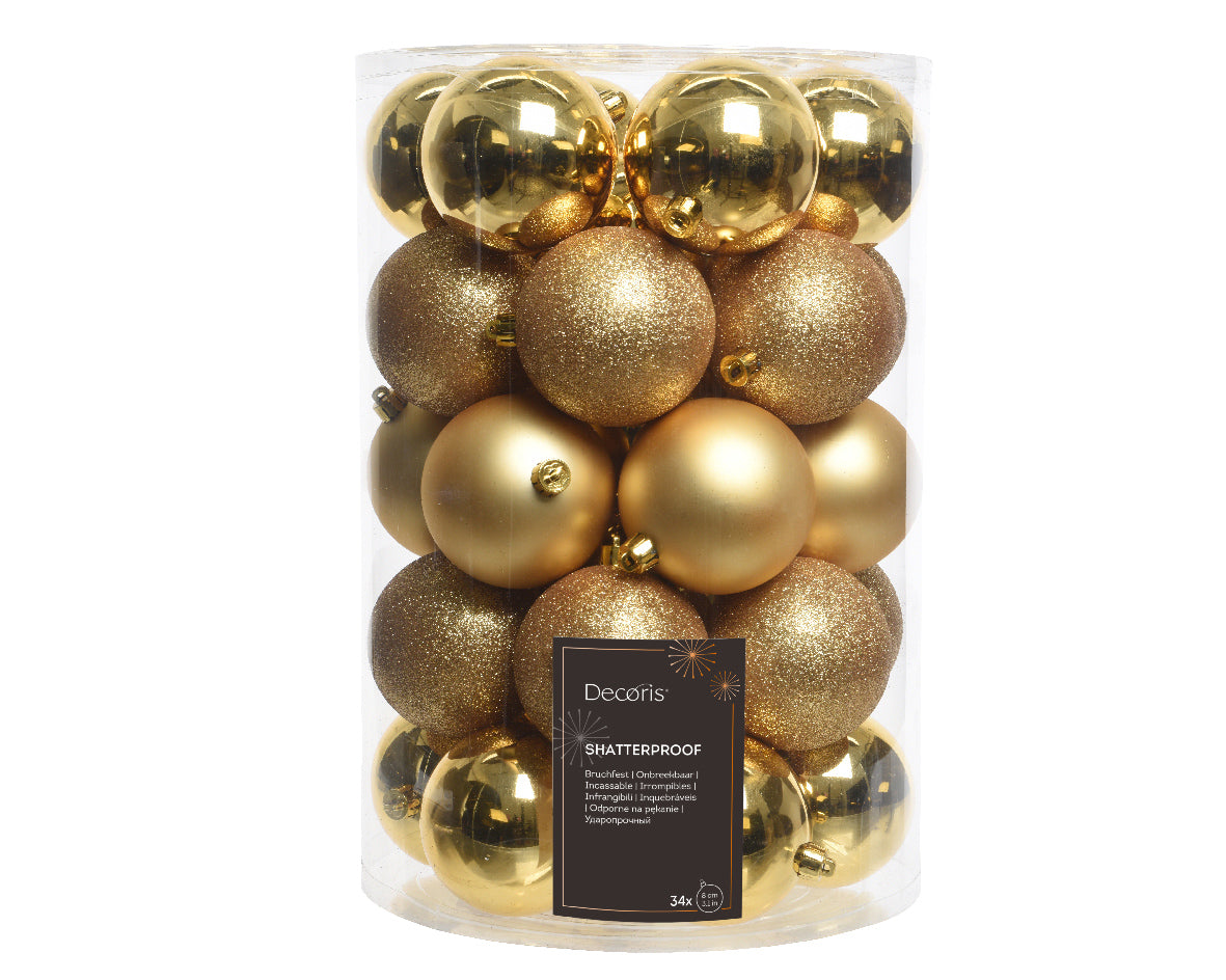 Palline natale 8 cm, oro lucido, opaco e glitter 34 pz Kaemingk