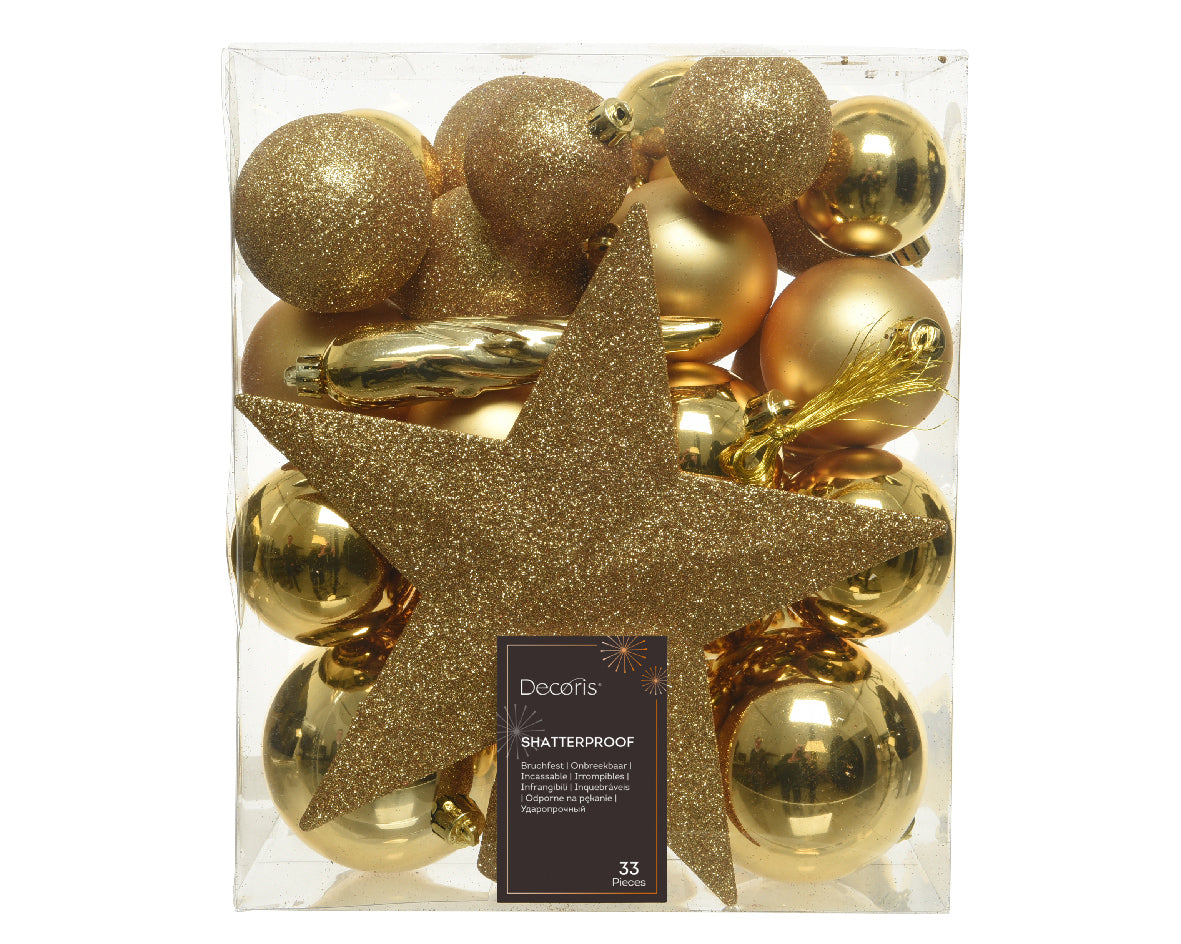 Palline natale 33pz color oro, diametri misti + puntale Kaemingk