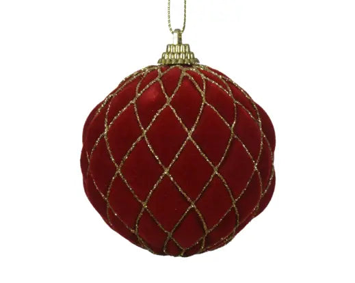 Pallina di Natale Rossa in Velluto con Glitter Oro Ø8 cm Infrangibile Decoris Kaemingk