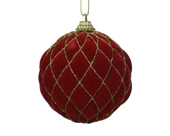 Pallina di Natale Rossa in Velluto con Glitter Oro Ø8 cm Infrangibile Decoris Kaemingk