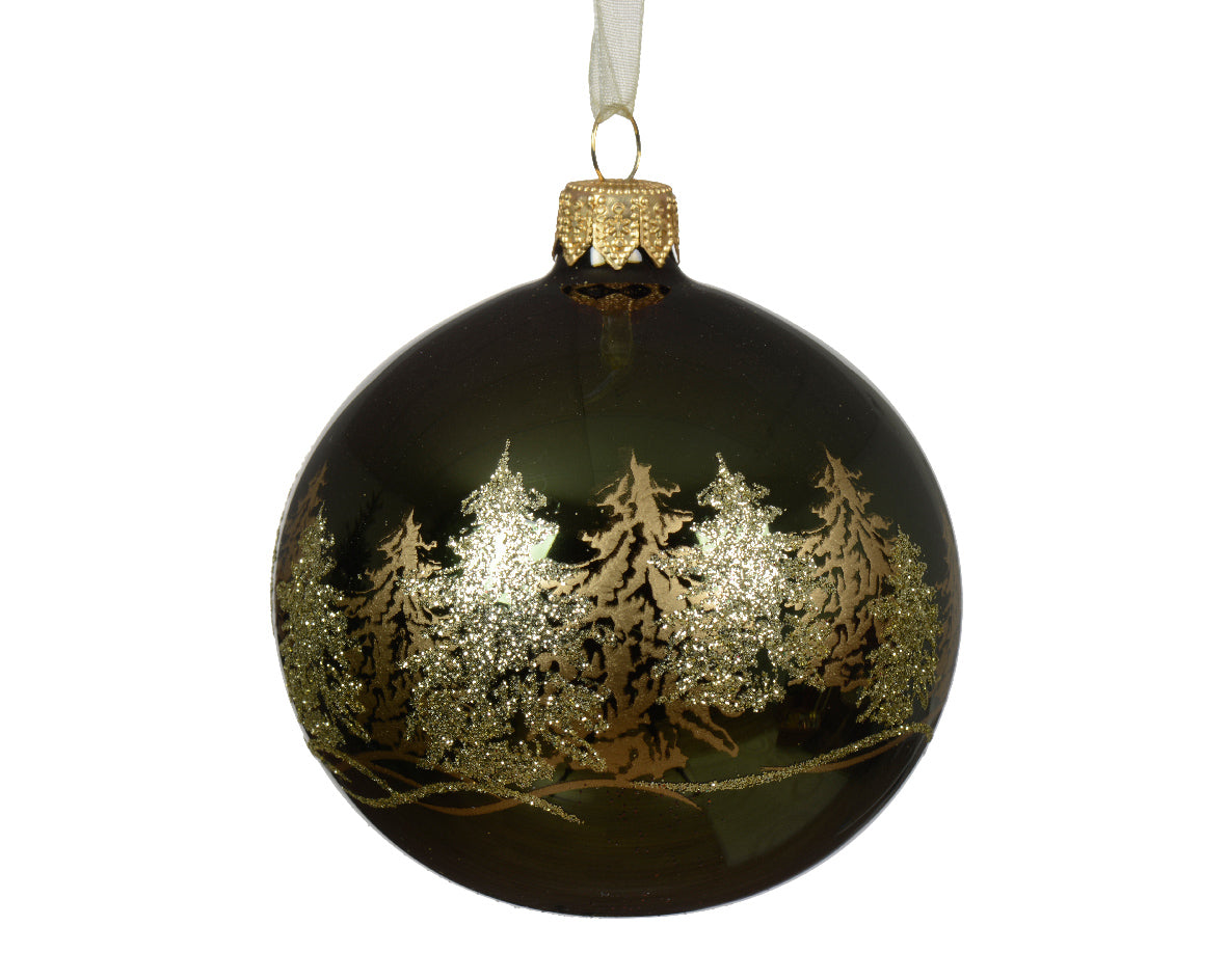 Pallina natale di vetro, nero, 8cm con alberi in oro Kaemingk