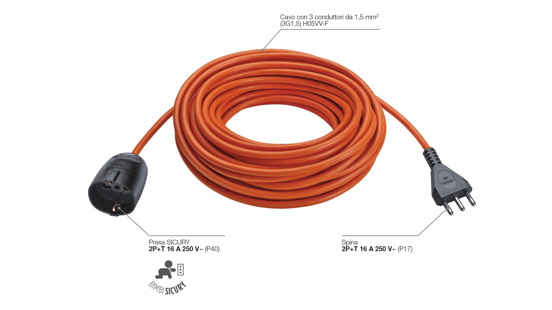 Prolunga Elettrica Vimar 20 Metri Arancione, Cavo 3G1,5 S17 con Spina e Presa 16A | Vimar
