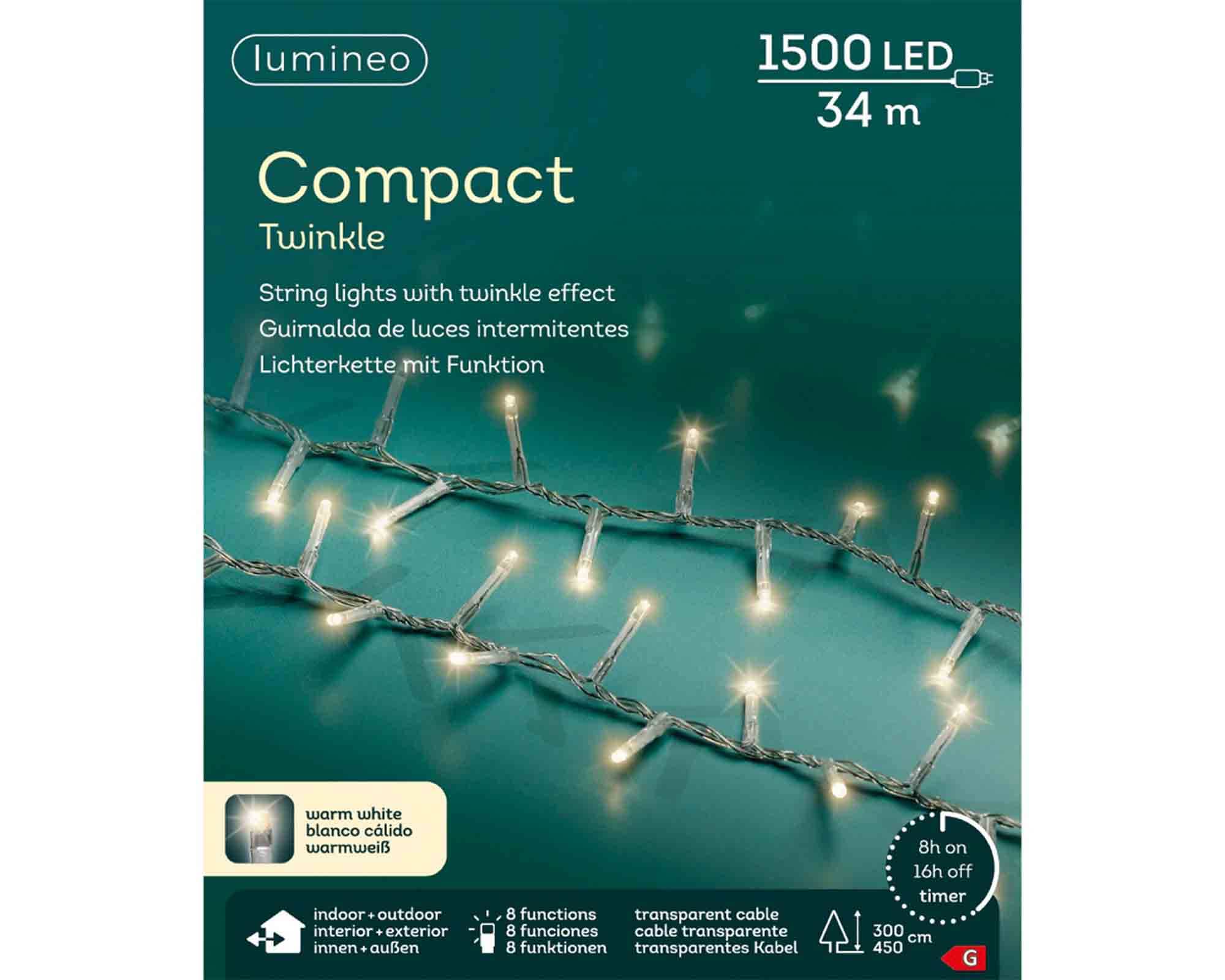 Catena di Luci di Natale LED Compact 34 Metri Cavo Trasparente Luce Warm White (Bianco Caldo) con 8 Giochi di Luce | Kaemingk