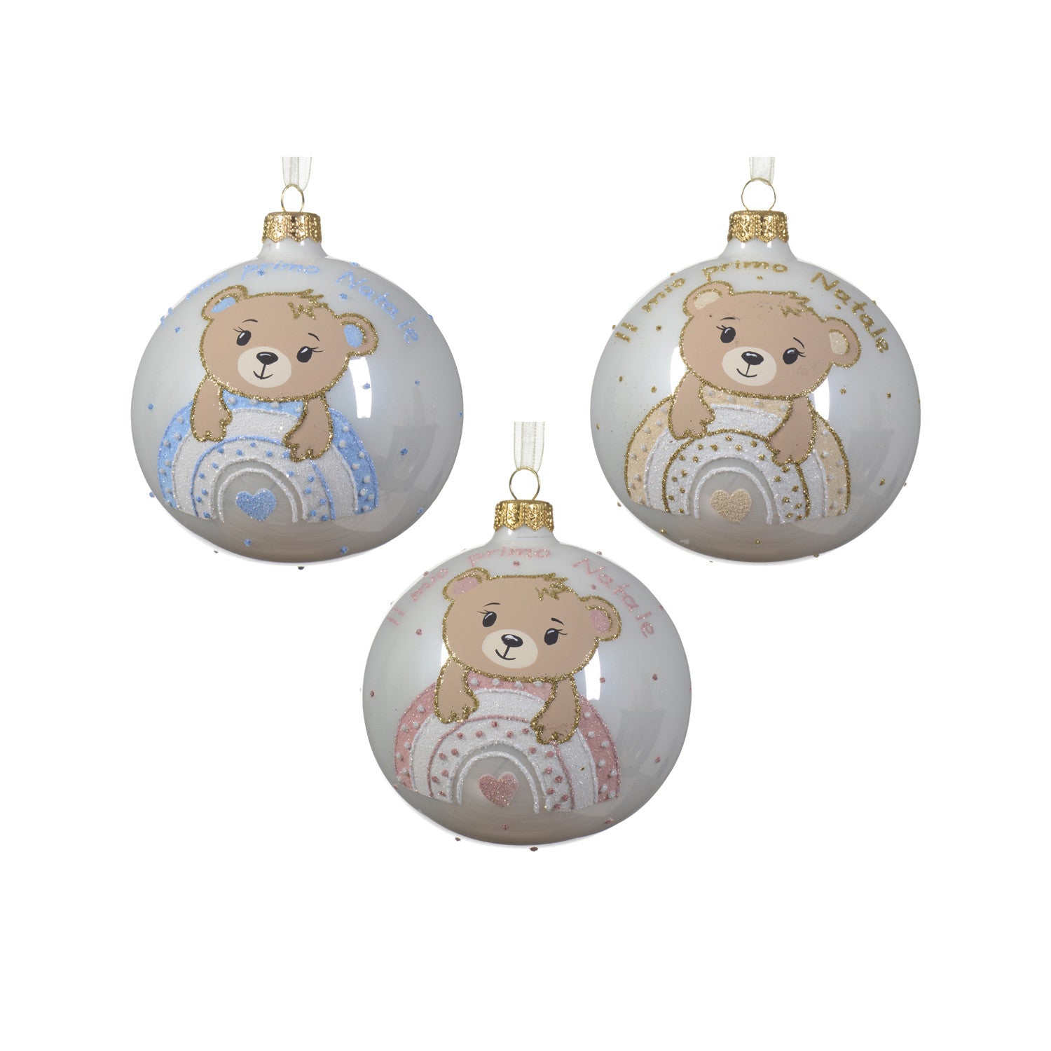 Sfere di Natale D.10cm in Vetro Winter White con Orso su Arcobaleno (Bear on Rainbow) | Kaemingk