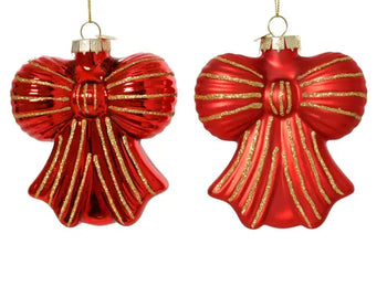 Fiocco di Natale in Vetro Rosso con Glitter Oro 10 cm – 2 Modelli Assortiti Decoris Kaemingk