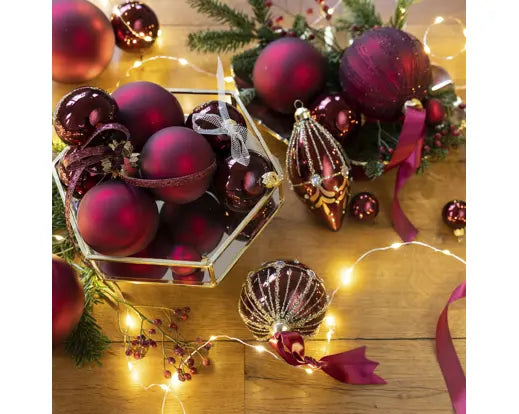 Set 16 Palline di Natale Ø 8 cm in Vetro Bordeaux Lucide e Opache Decoris Kaemingk