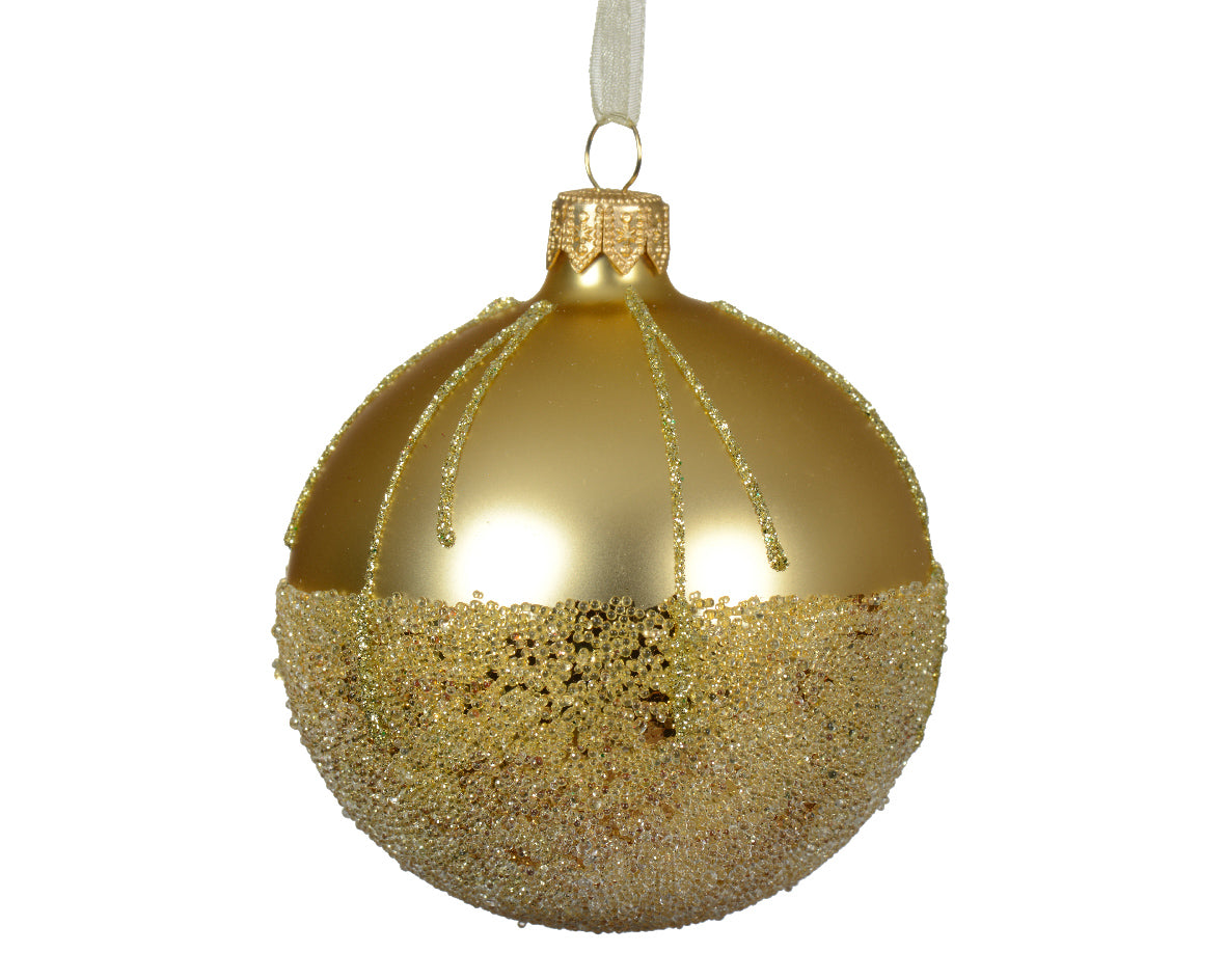 Pallina natale di vetro, oro opaco con perline scintillanti, 8cm Kaemingk