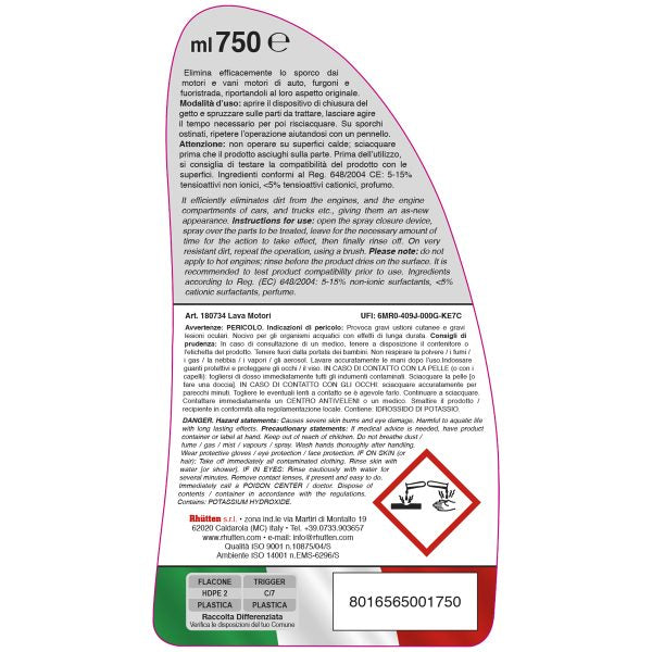 Rhütten Lava Motori Extra 750 ml Spray No-Gas Detergente Sgrassatore