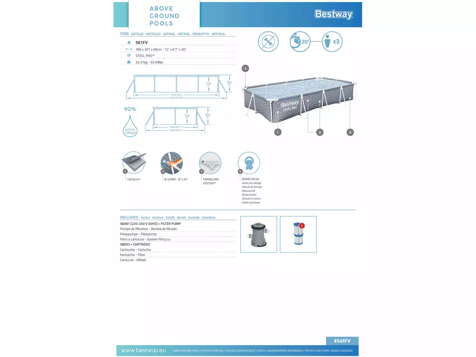 Piscina Fuori Terra Bestway Power Steel 366x201x66 cm con Pompa Filtro e Motivo Foglie Tropicali | Bestway