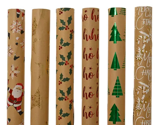Carta Regalo Natalizia Kraft Marrone 150x70 cm con Fantasie Assortite e Dettagli Metallizzati Decoris Kaemingk