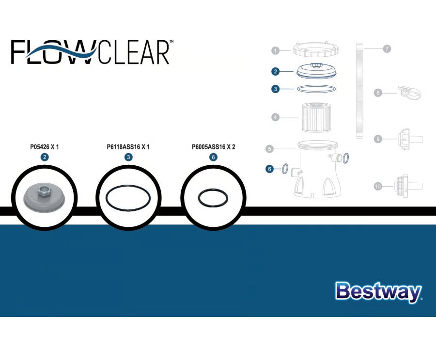 Set Guarnizioni di Ricambio Bestway P07618 per Pompa Filtro Flowclear 58381, Kit Tenuta Grigio | Bestway