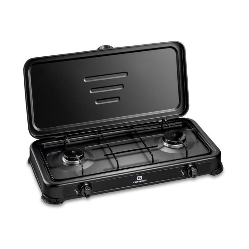 Fornello a Gas Portatile 2 Fuochi Butano Propano con Coperchio Kemper