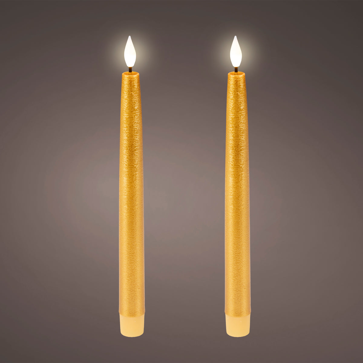Confezione da 2 candele coniche LED 2,2x24,5 cm oro con glitter luce calda effetto fiamma Kaemingk
