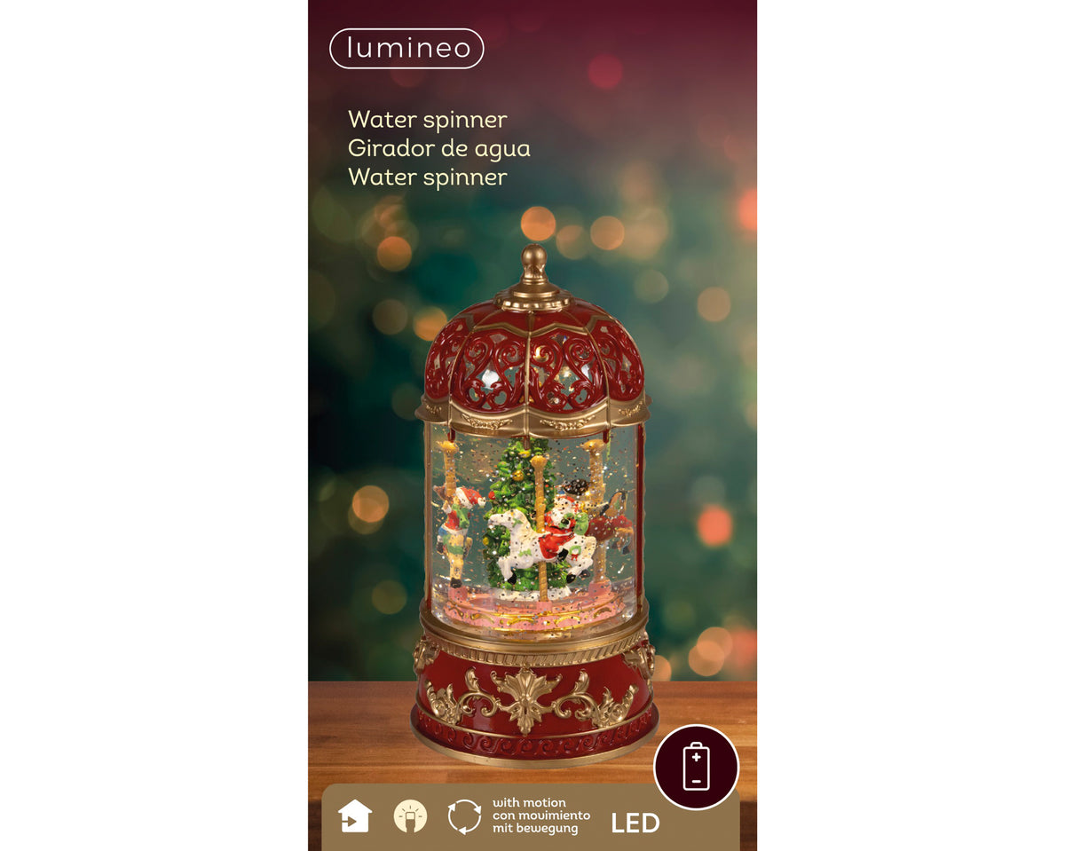 Carosello Natalizio LED con Movimento e Musica H22,5 cm – Giostra Luminosa con Effetto Acqua Glitterata e Luce Bianco Caldo