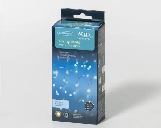 Catena Luminosa Natalizia 60 Micro LED Bianco Freddo 2,95 m a Batteria con Timer 6 Ore Lumineo Kaemingk