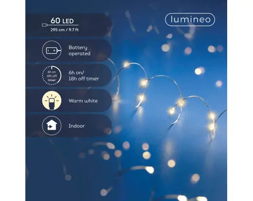 Catena Luminosa Natalizia 60 Micro LED Bianco Caldo 2,95 m a Batteria con Timer 6 Ore Lumineo Kaemingk