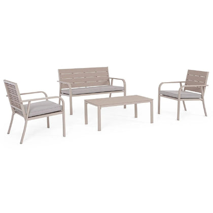 Set Salotto da Giardino Sarita in Acciaio e HDPE Effetto Legno, 4 Pezzi con Cuscini Sfoderabili