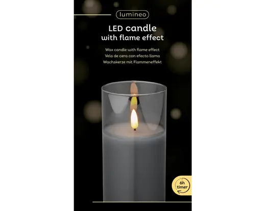 Candela LED con Stoppino Luminoso in Vetro Grigio Fumé Ø7,5 x H15 cm Kaemingk – Luce Bianco Caldo