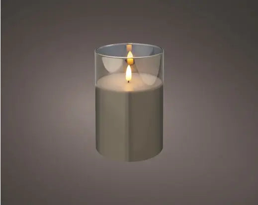 Candela LED Natalizia H.15cm D.10cm Colore Grigio con Cilindro in Vetro | Kaemingk