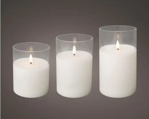 Set 3 Candele LED in Vetro Trasparente Bianco Caldo Ø10 cm con Effetto Fiamma e Timer Lumineo Kaemingk