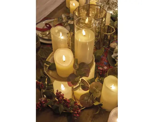 Set 3 Candele LED in Vetro Trasparente Bianco Caldo Ø10 cm con Effetto Fiamma e Timer Lumineo Kaemingk