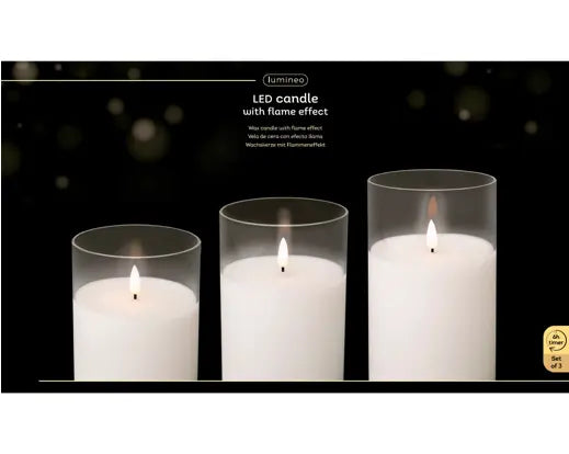 Set 3 Candele LED in Vetro Trasparente Bianco Caldo Ø10 cm con Effetto Fiamma e Timer Lumineo Kaemingk