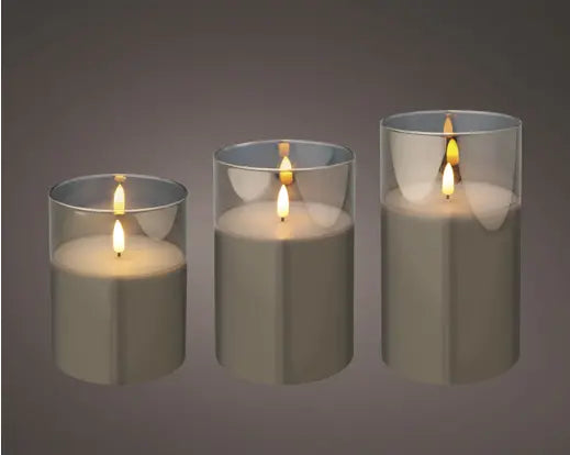 Candela LED in Cilindro di Vetro Grigio Fumé Ø 10 x H 17,5 cm Luce Bianco Caldo Lumineo Kaemingk