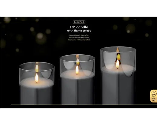 Candela LED in Cilindro di Vetro Grigio Fumé Ø 10 x H 17,5 cm Luce Bianco Caldo Lumineo Kaemingk