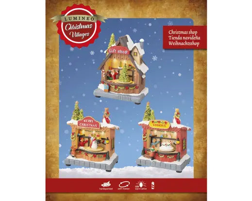 Villaggio Natalizio Luminoso LED con Movimento 3 Modelli Assortiti Merry Christmas Cookies Gift Shop Kaemingk