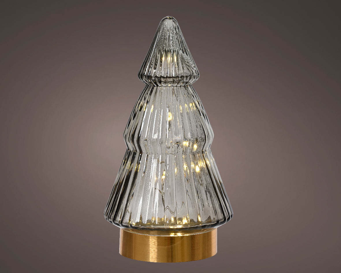 Addobbo natalizio albero in vetro altezza 19,5cm con base oro e led luce calda Kaemingk