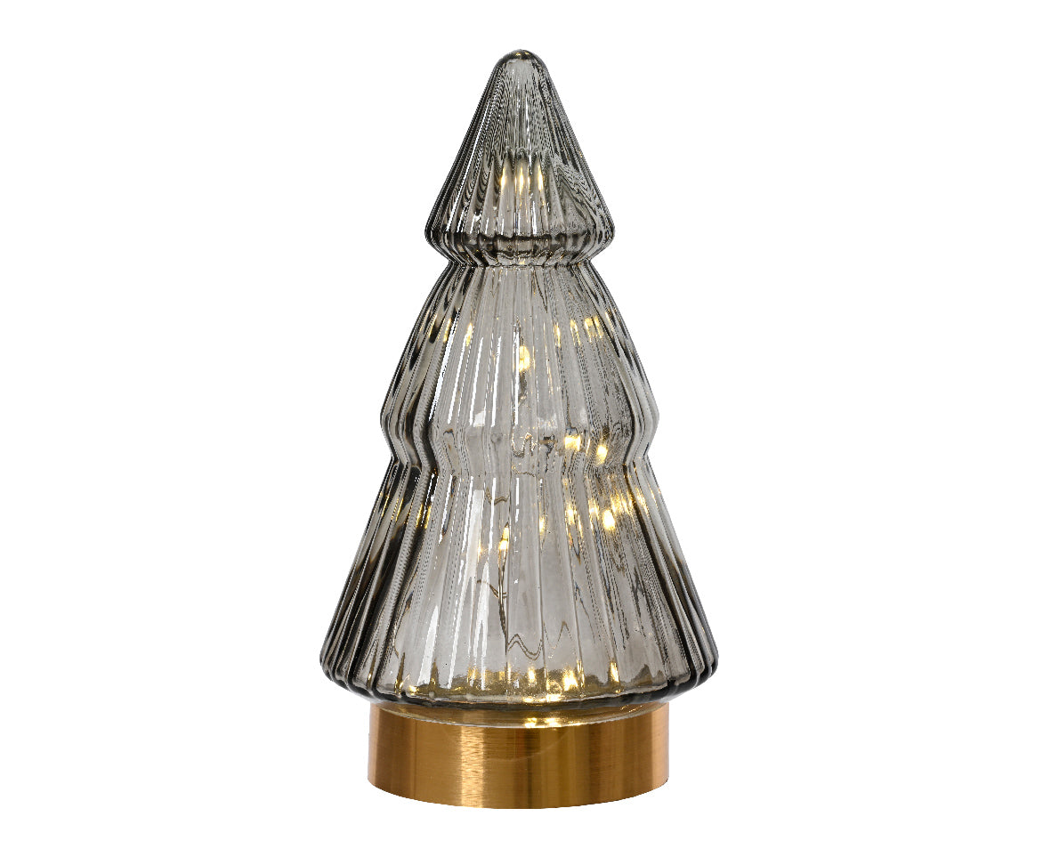 Addobbo natalizio albero in vetro altezza 19,5cm con base oro e led luce calda Kaemingk