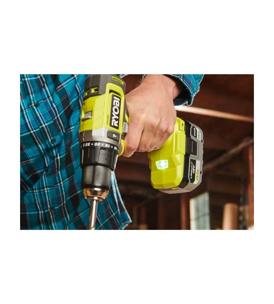 Kit Ryobi 18V ONE+ Trapano Avvitatore con Percussione, 2 Batterie 2.0 Ah, Caricabatteria e Torcia LED | Ryobi
