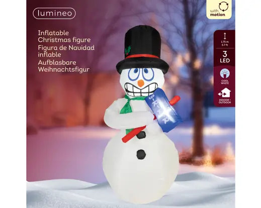 Pupazzo di Neve Gonfiabile Luminoso 175 cm con 3 LED Bianco Freddo per Esterno Lumineo Kaemingk