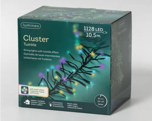 Luci di Natale Cluster 1128 LED Soft Multi 10,5 Metri Kaemingk – 8 Funzioni con Effetto Twinkle per Esterno
