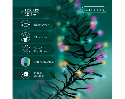 Luci di Natale Cluster 1128 LED Soft Multi 10,5 Metri Kaemingk – 8 Funzioni con Effetto Twinkle per Esterno