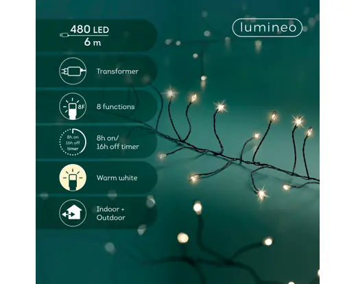 Luci di Natale Compact 480 Micro LED Bianco Caldo 6 Metri con Cavo Nero, 8 Giochi di Luce, Effetto Twinkle e Timer – Catena Luminosa da Esterno IP44