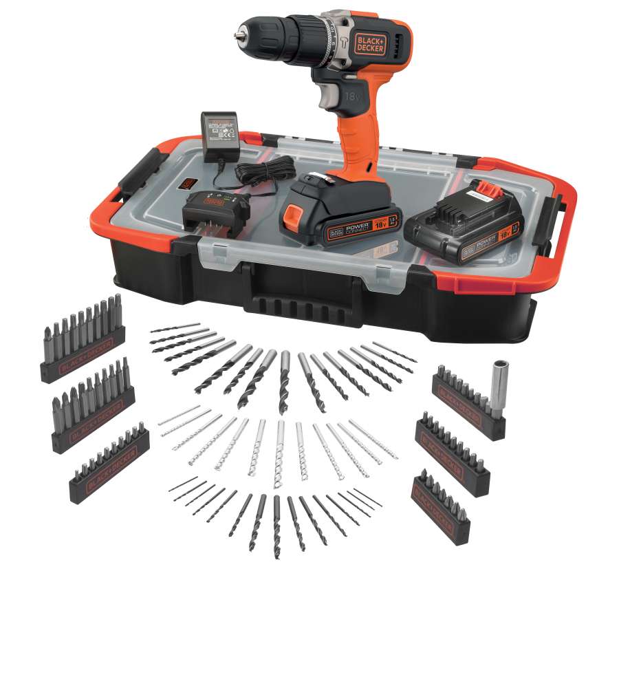 Trapano Avvitatore a Percussione (a Batteria) 18V Litio con Kit 100 Accessori e Valigetta | BLACK+DECKER