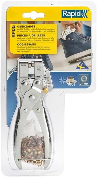 Rapid RP05 Pinza per occhielli 2 in 1 in acciaio con 100 occhielli da 4 mm inclusi