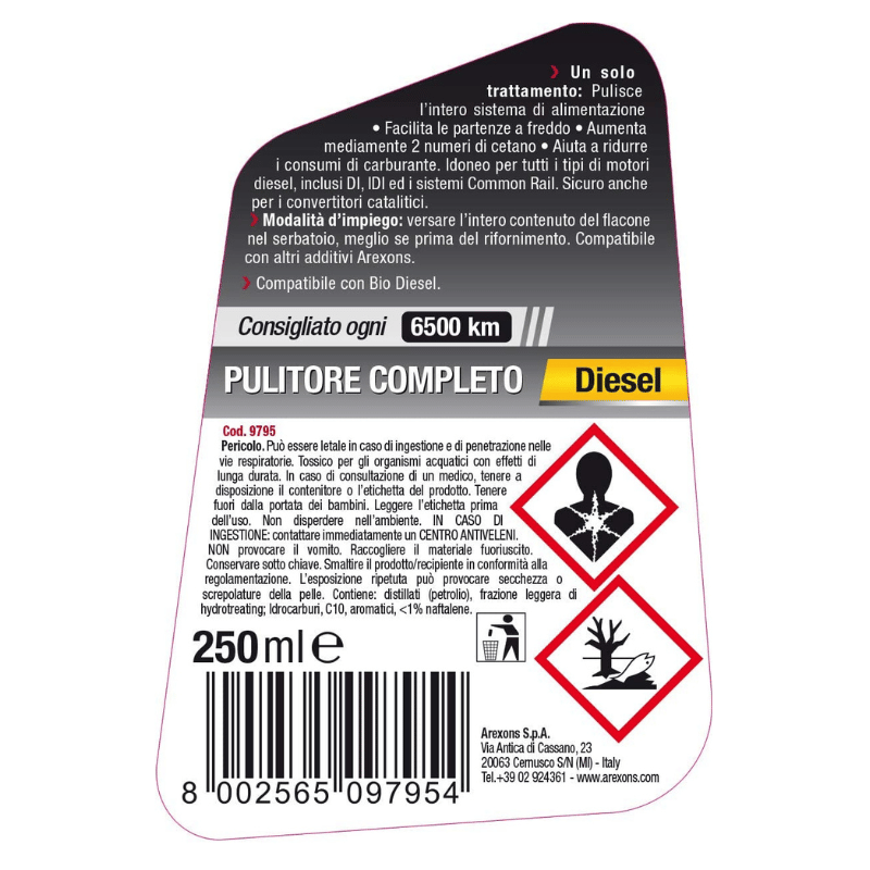 Arexons Diesel Pulitore Completo 250 ml Additivo Pulitore Sistema Alimentazione