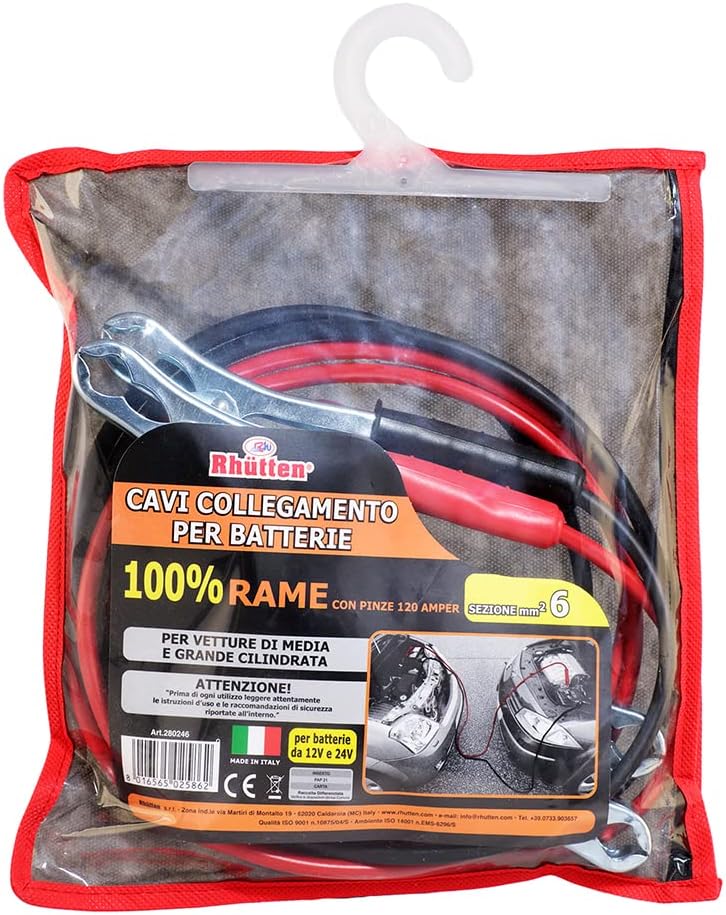 Cavi Batteria Rhutten 0,3 m 6 mm² 120A 2 Pezzi per Avviamento Auto