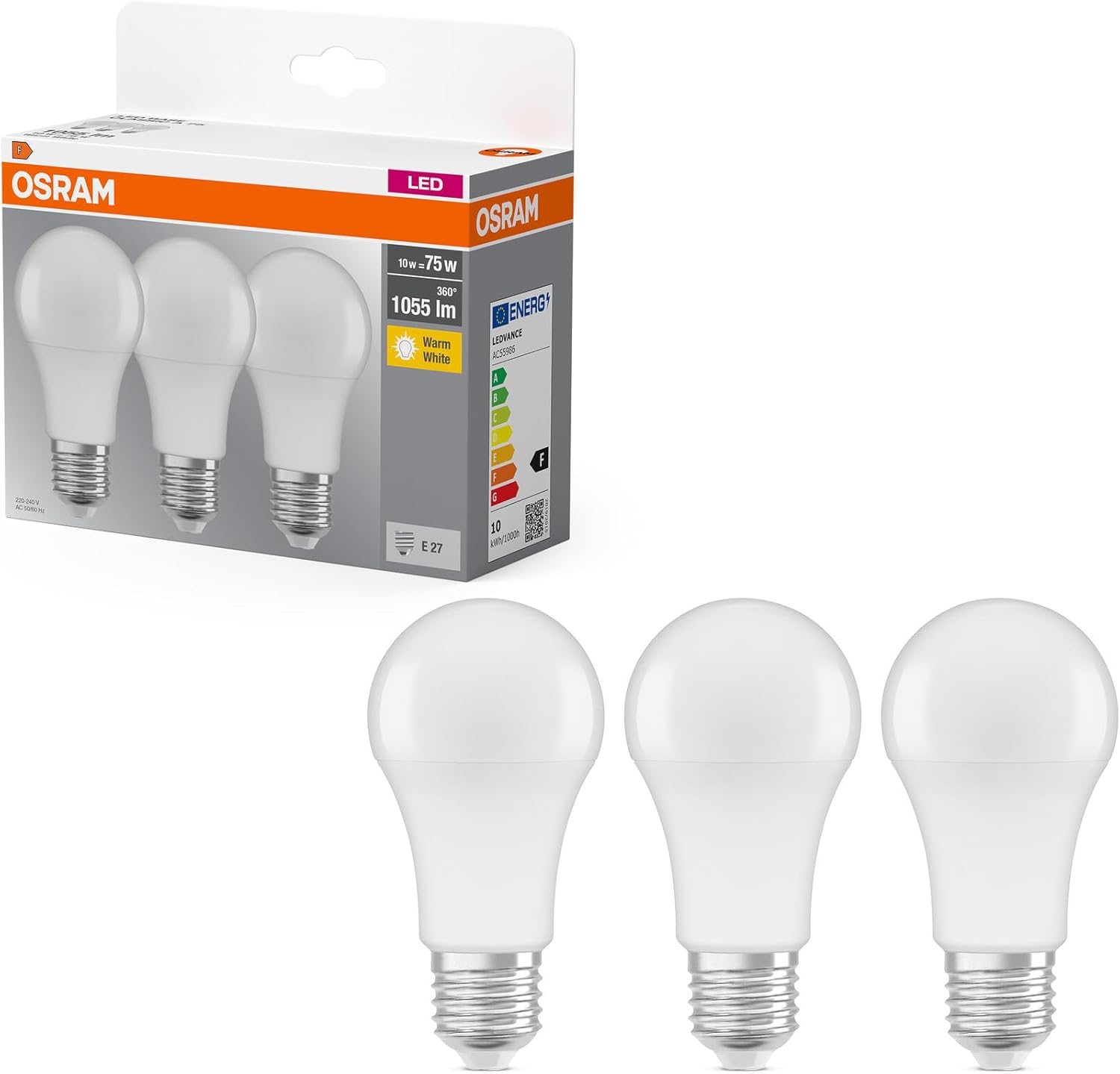Lampadine LED Classic A E27 75W luce calda 3 pezzi Osram