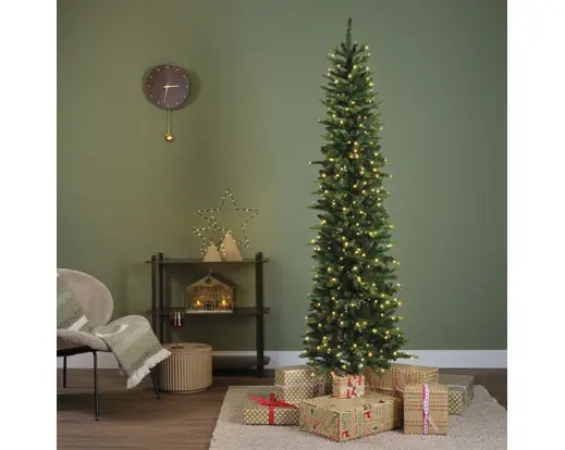 Albero di Natale Slim Fir Verde H240 cm con 450 LED Bianco Caldo Kaemingk – Diametro 73 cm per Interni