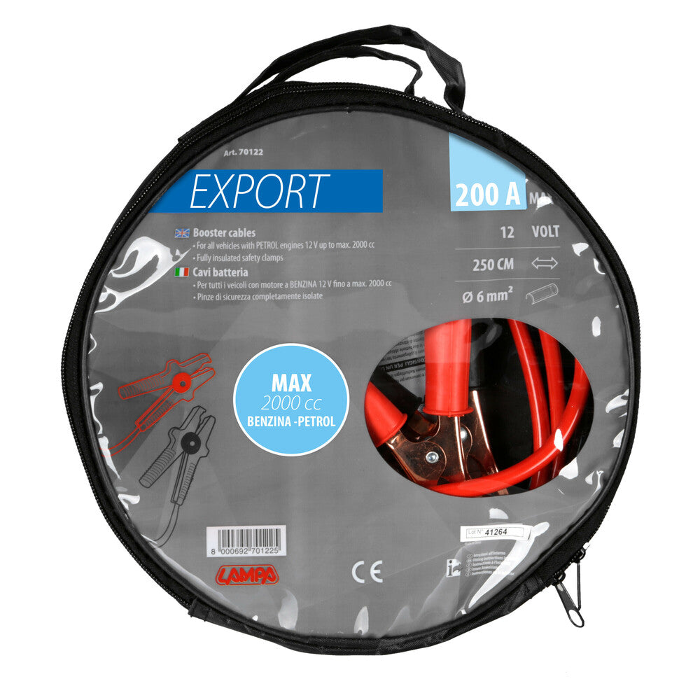 Cavi Batteria Auto Lampa Export 12V 200A 250 cm 6 mm² con Pinze e Custodia