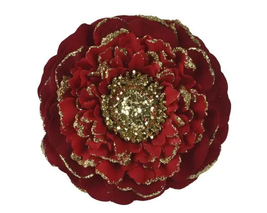 Fiore Decorativo Natalizio Zinnia Artificiale con Clip in Poliestere Bordo Glitterato | Kaemingk