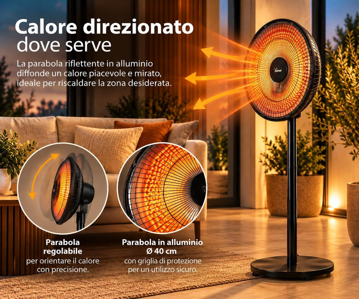 Stufa radiante a parabola Lampada riscaldante, Stufa radiante infrarossi, Stufa portatile, Potenza regolabile, Oscillazione automatica, Con interruttore di sicurezza ribaltamento | Bimar