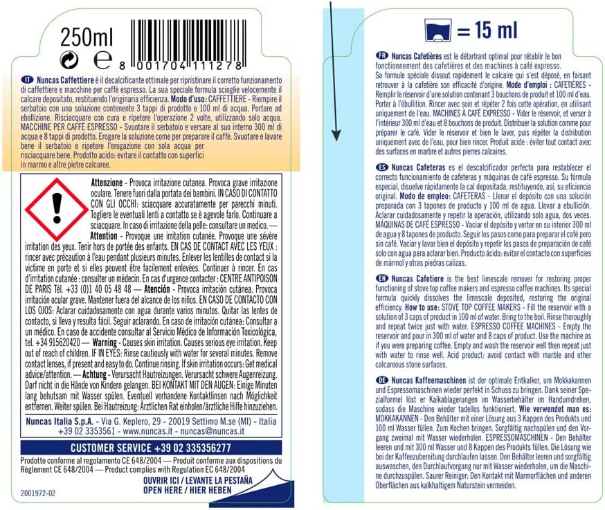 Decalcificante liquido per caffettiere e macchine da caffè Nuncas (250 ml)