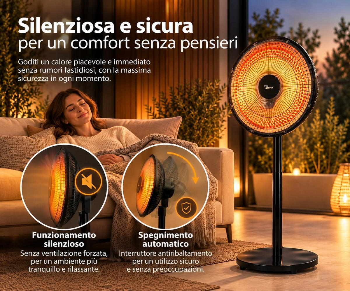Stufa radiante a parabola Lampada riscaldante, Stufa radiante infrarossi, Stufa portatile, Potenza regolabile, Oscillazione automatica, Con interruttore di sicurezza ribaltamento | Bimar